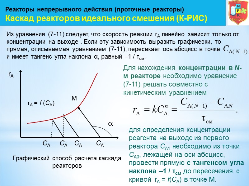 Реакторы непрерывного действия (проточные реакторы) Каскад реакторов идеального смешения (К-РИС) Из уравнения (7-11) следует,